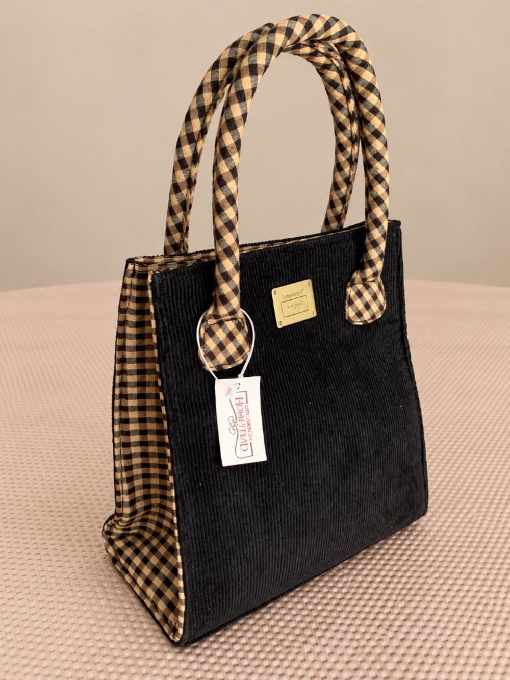 Longaberger Homestead Black Corduroy Gingham Tote Bag